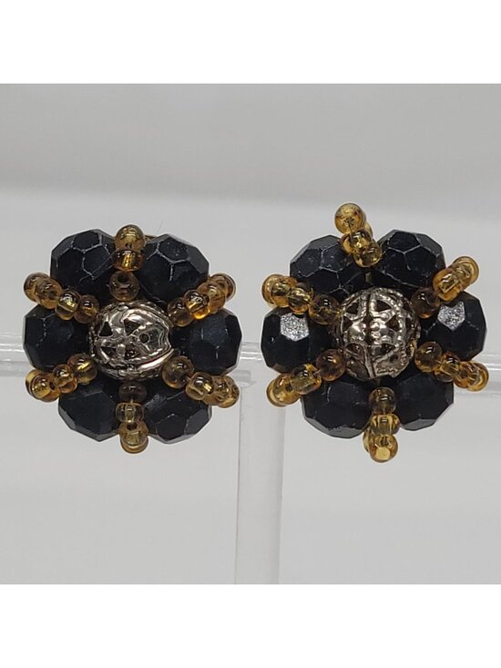 Jewelry - Vintage Black & Amber Beaded Clip-On Earrings Gold-Tone Backing Retro Jewelry